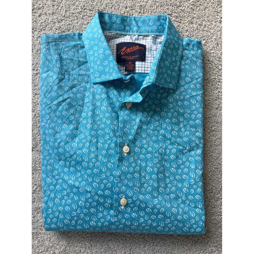 Egara Mens XL Modern Fit Stretch Non Iron Turquoise Leaf Print Button Down Shirt